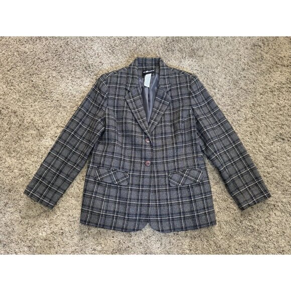 SAG HARBOR Plaid Wool Blend Blazer Gray Two Button Academia Career College 14 - Picture 1 of 11